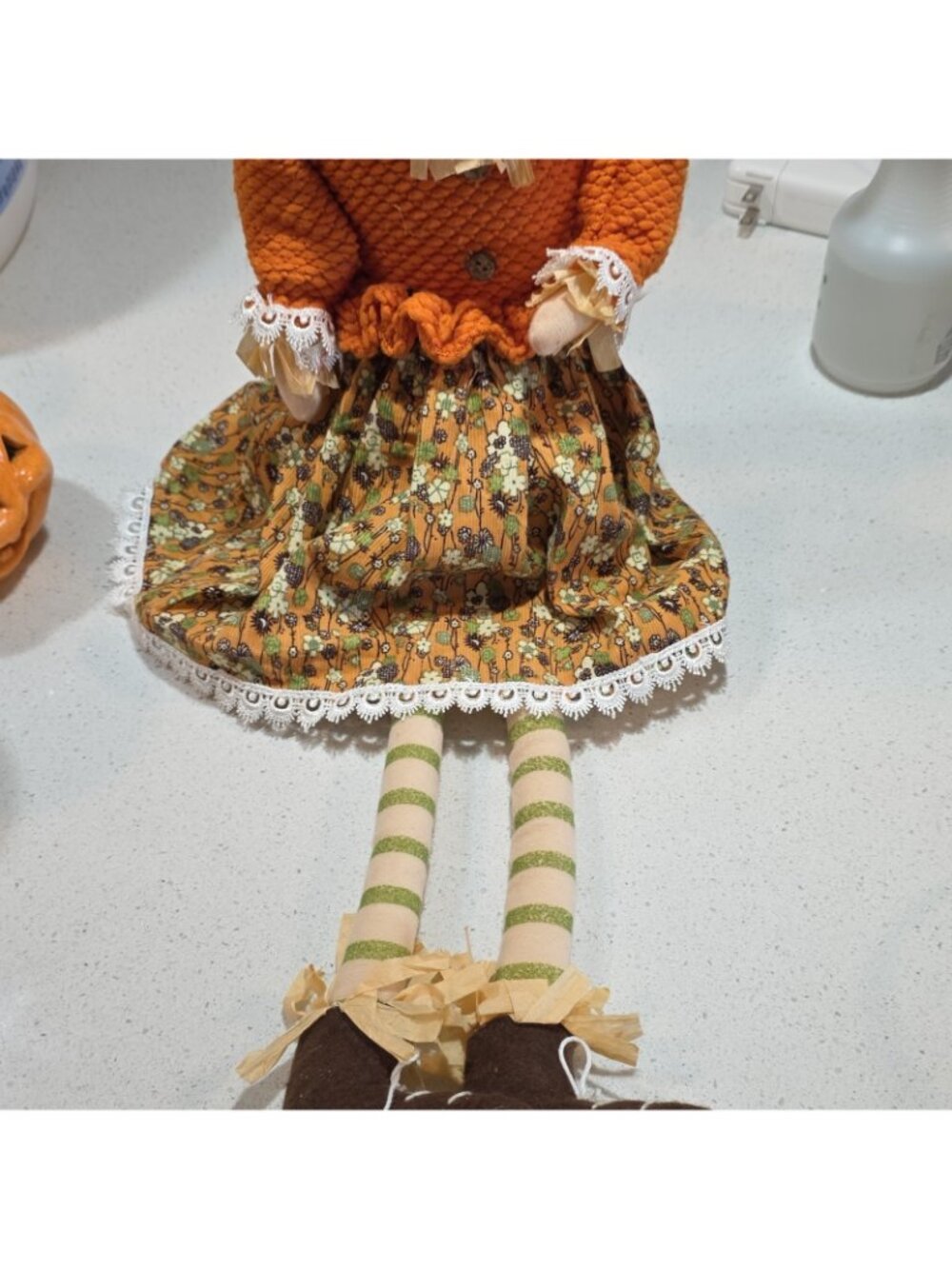 Halloween Scarecrow Fabric Figurine Freestanding Table Decor Orange Beige Green - Picture 2 of 8